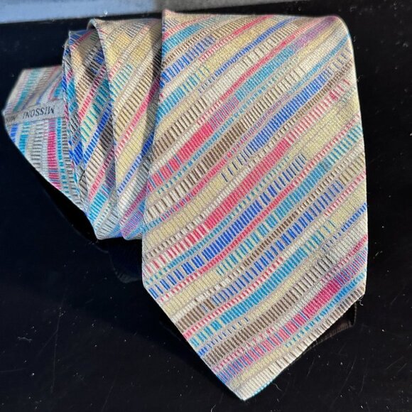 Missoni Striped Mens Tie Silk Neckwear Red Brown Blue Painterly Painting Tan - Picture 3 of 7